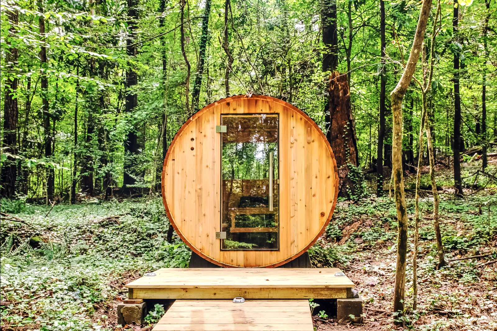 Cedar barrel sauna with glass door surrounded by lush woodland